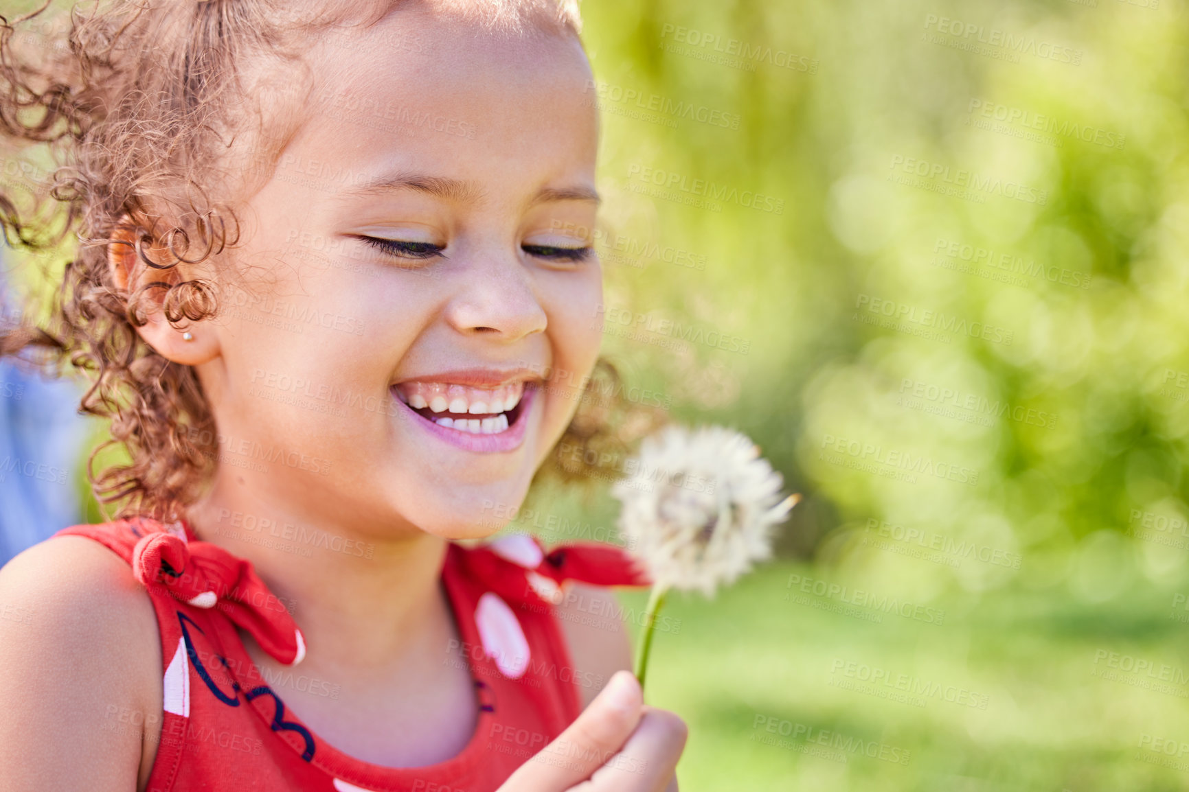 Buy stock photo Shot of an adorable little girl holding a dandelion while sitting at the park