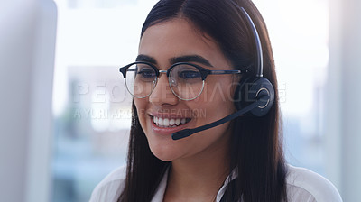 Buy stock photo Call center, smile and business woman in office for customer service, technical support or consulting. Communication, contact us and help desk with female employee for advisory, solution or sale