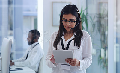 Buy stock photo Call center, tablet and woman in office with headset for customer service, research and support. Consultant, company and person with digital technology for communication, telemarketing and networking
