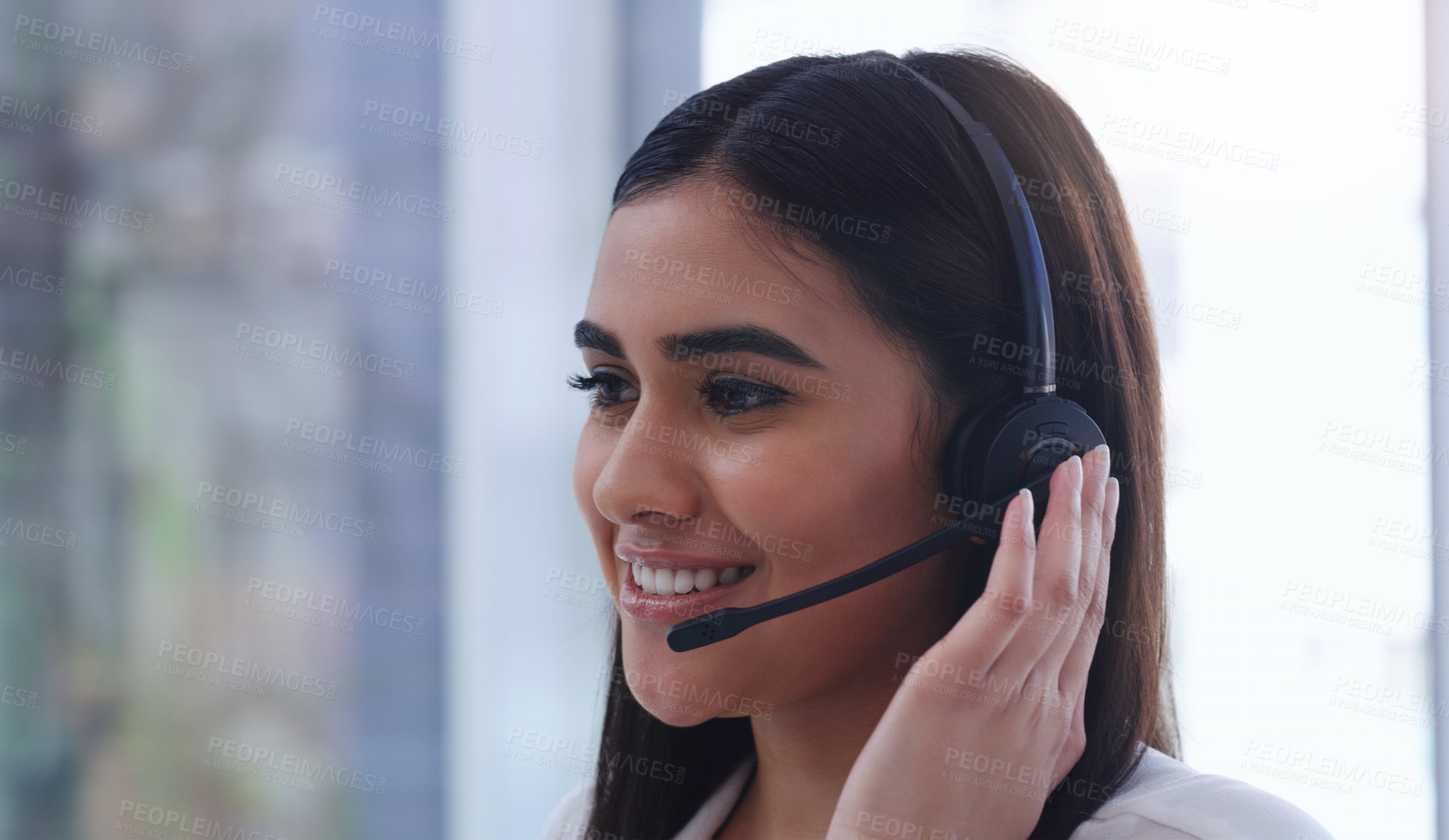 Buy stock photo Call center, smile and microphone with business woman in office for customer service, technical support or consulting. Agent, contact us and help desk with employee for advisory, solution or sales