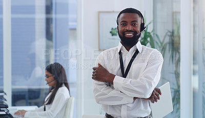 Buy stock photo Call center, portrait or black man with arms crossed in customer service, support or telemarketing office. Employee, businessman or crm consultant with tablet, technology or contact us for advice