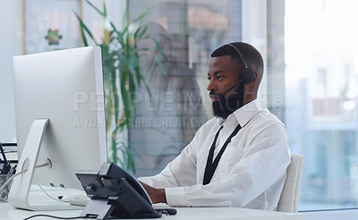 Buy stock photo Customer service, headset and black man with computer in office for online crm consultation. Technology, telemarketing and African male technical support working on desktop for contact in workplace.