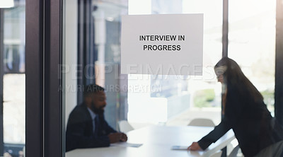Buy stock photo Recruitment, window sign and business people in an interview in the modern office boardroom. Hiring, meeting and professional corporate employees doing recruiting process in workplace conference room
