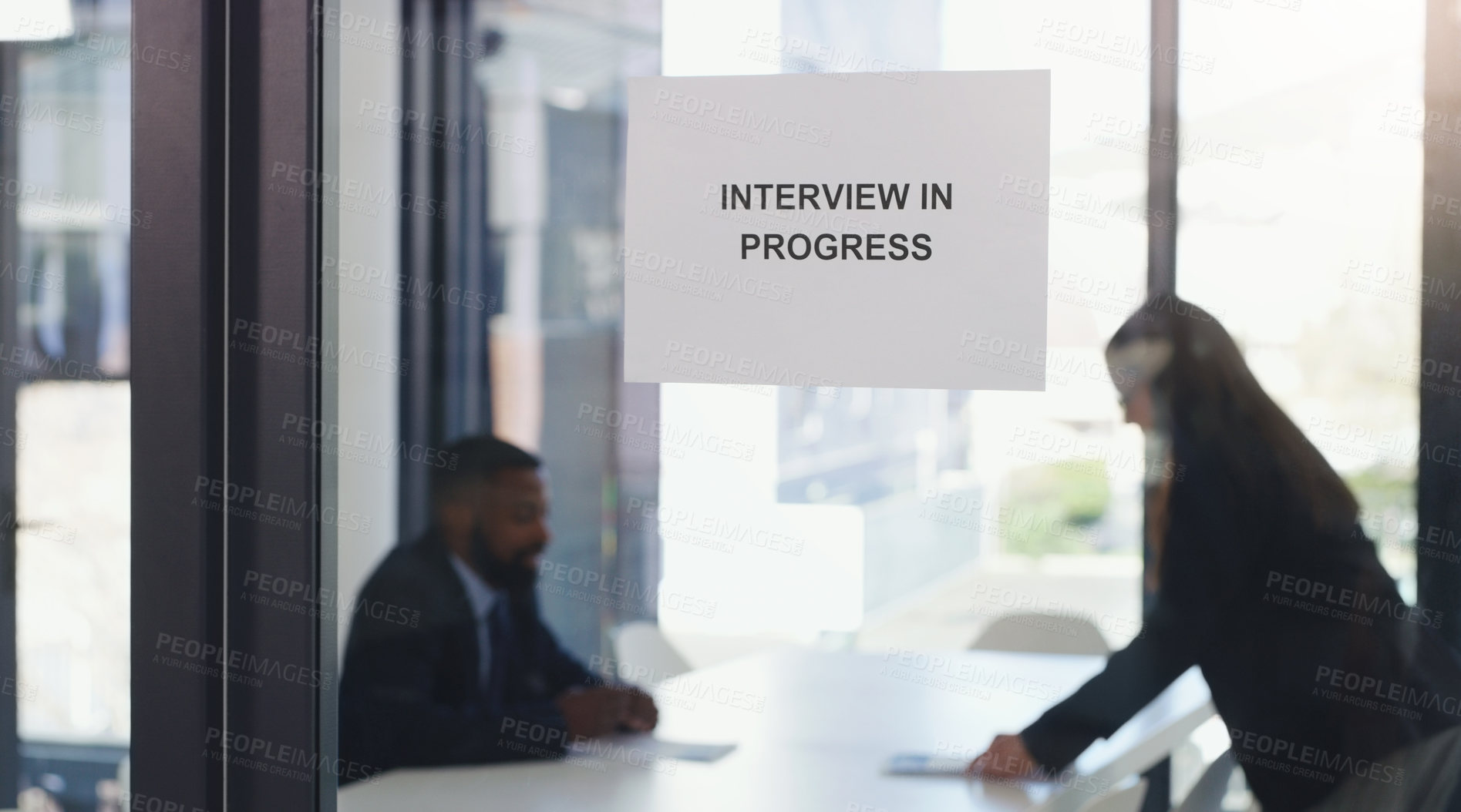 Buy stock photo Recruitment, window sign and business people in an interview in the modern office boardroom. Hiring, meeting and professional corporate employees doing recruiting process in workplace conference room