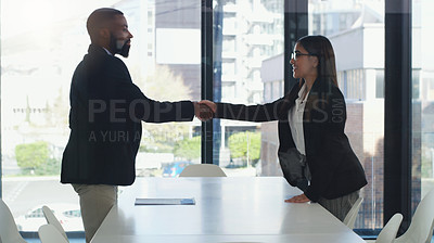 Buy stock photo Deal, welcome and handshake with business people in meeting for teamwork, partnership and contract. Collaboration, thank you and job interview with man and woman in office for hiring and networking