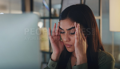 Buy stock photo Business woman, headache and computer at night in office with anxiety, stress or crisis. Female entrepreneur at a desk with tech while tired or depressed about deadline, mistake or internet problem
