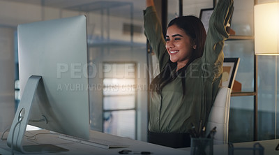 Buy stock photo Night, business and woman with achievement, celebration and cheering with internet connection, happiness and joyful. Female person, employee and agent with a smile, computer and success with an email