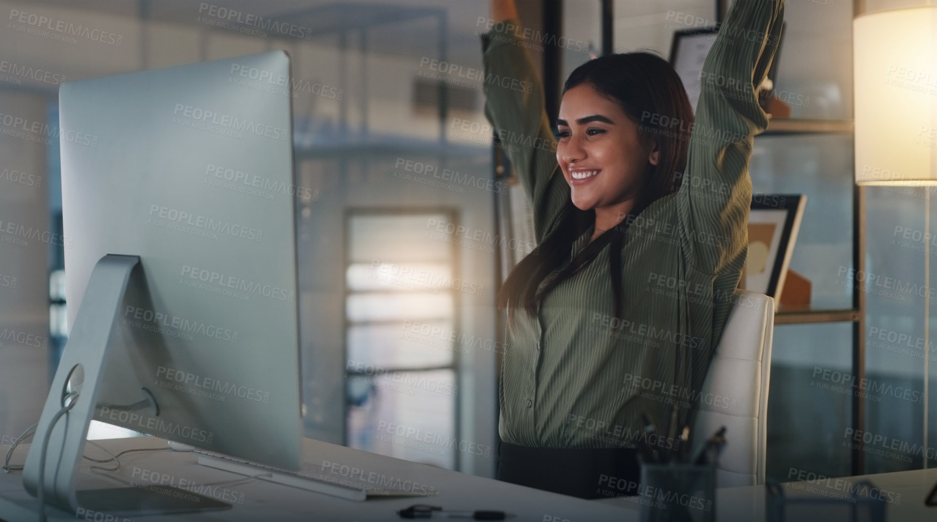 Buy stock photo Night, business and woman with achievement, celebration and cheering with internet connection, happiness and joyful. Female person, employee and agent with a smile, computer and success with an email