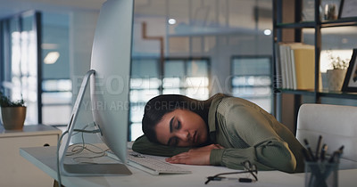 Buy stock photo Burnout, tired and woman sleeping at her desk, office or overworked business employee working with fatigue in workplace. Sleep, rest and exhausted corporate businesswoman at company or worker