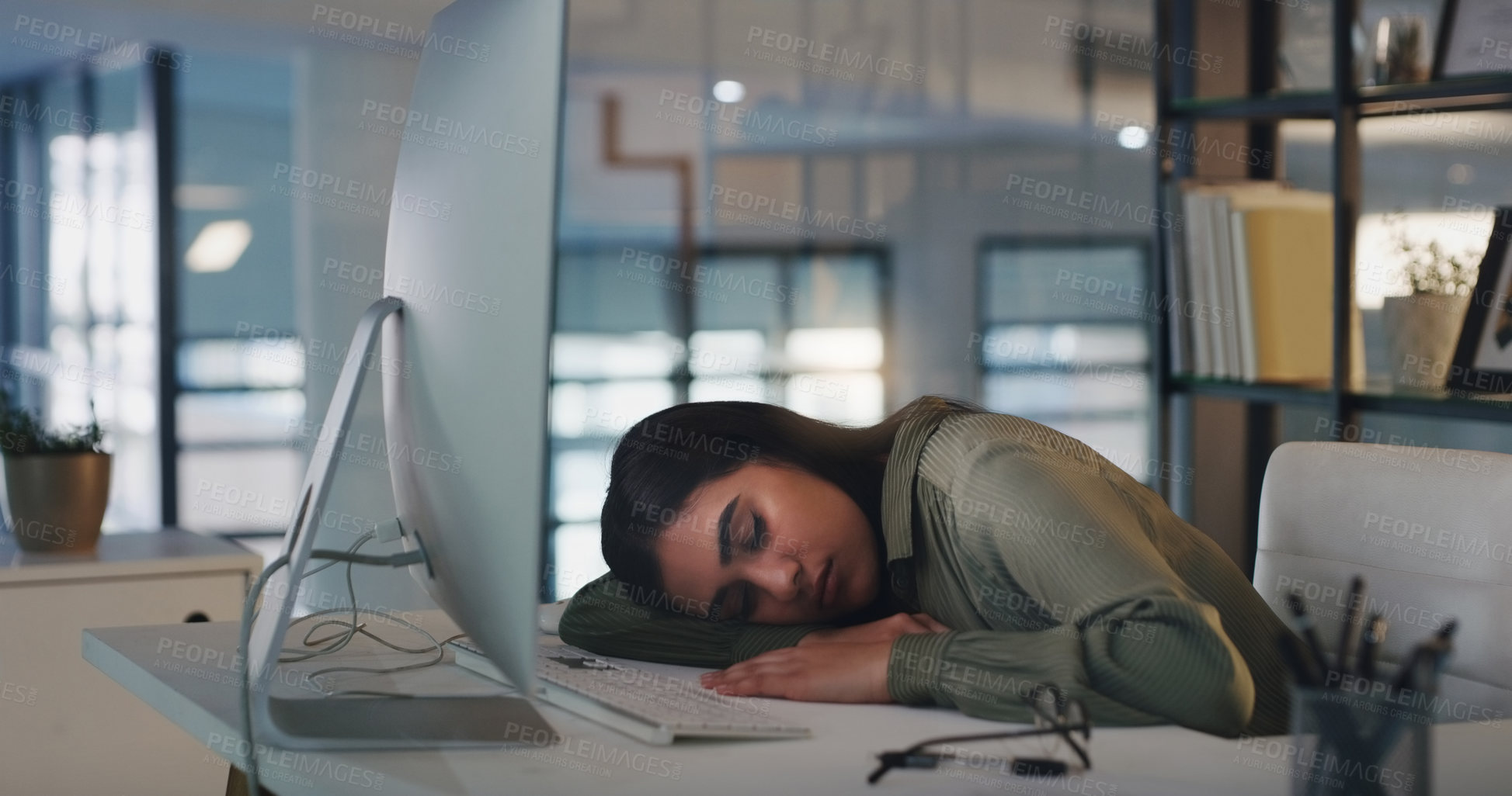 Buy stock photo Burnout, tired and woman sleeping at her desk, office or overworked business employee working with fatigue in workplace. Sleep, rest and exhausted corporate businesswoman at company or worker