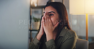 Buy stock photo Business woman, stress and computer at night in office with anxiety, headache or crisis. Female entrepreneur at a desk with techn while tired or depressed about deadline, mistake or internet problem