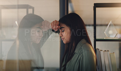 Buy stock photo Business, window and woman with stress, night and mental health issue with fatigue, schedule and anxiety. Female person, tired employee and agent with depression, evening and mistake with burnout