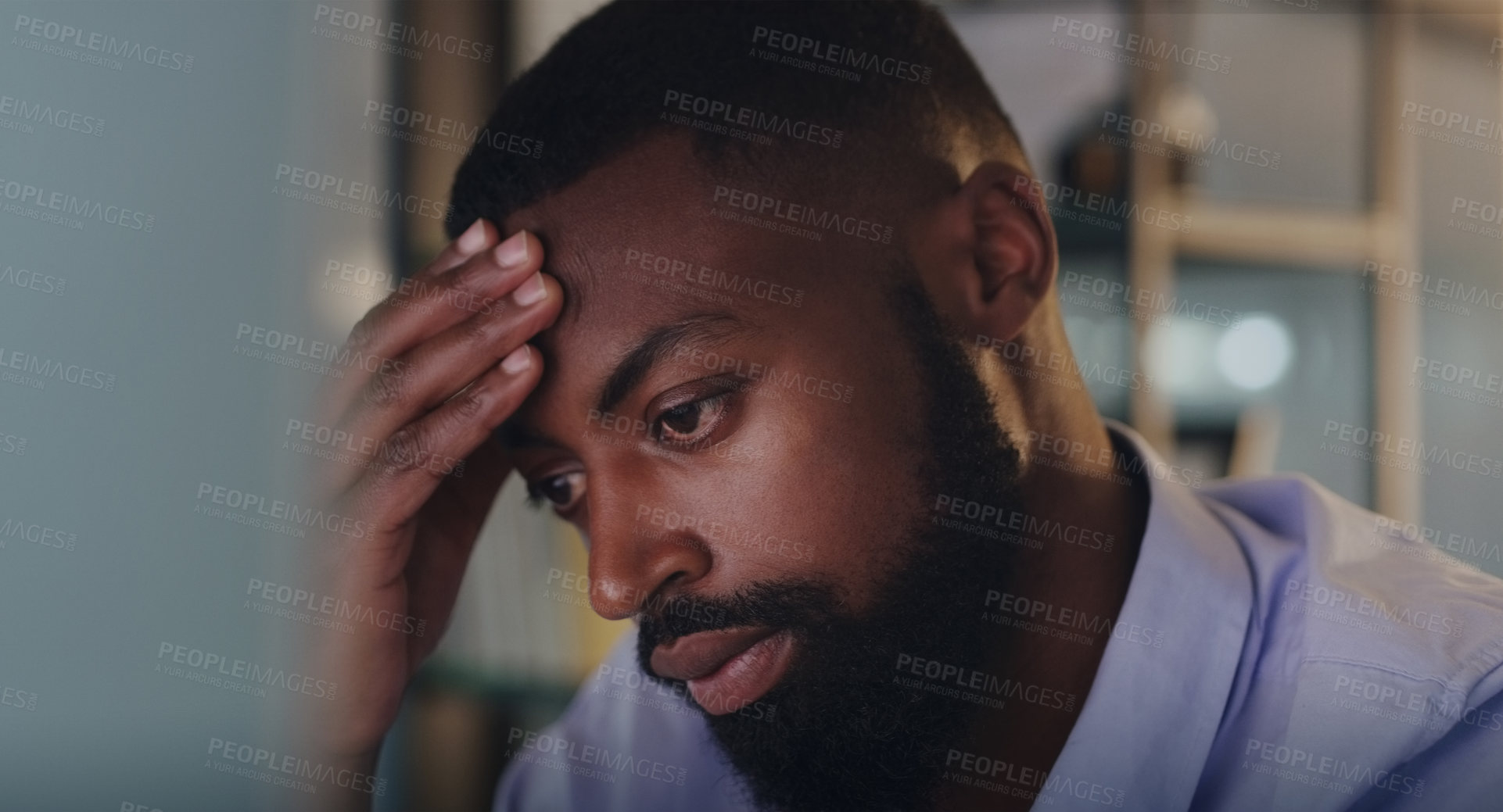 Buy stock photo Night, business and black man with stress, anxiety and depression with fatigue, tired and burnout. Male person, employee and agent with exhaustion, frustrated and professional overworked and headache