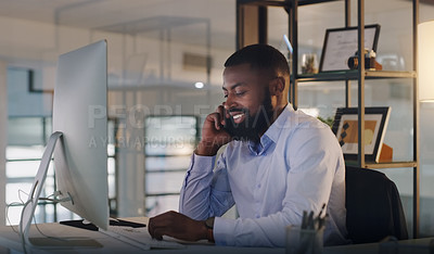 Buy stock photo Business man, phone call and computer at night while working at a desk for communication and crm. Black male entrepreneur with a smartphone for networking, connection and conversation with a contact