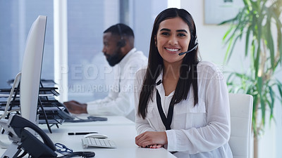 Buy stock photo Call center, smile and portrait of business woman in office for customer service, technical support or consulting. Communication, contact us and help desk with employee for advisory, solution or sale