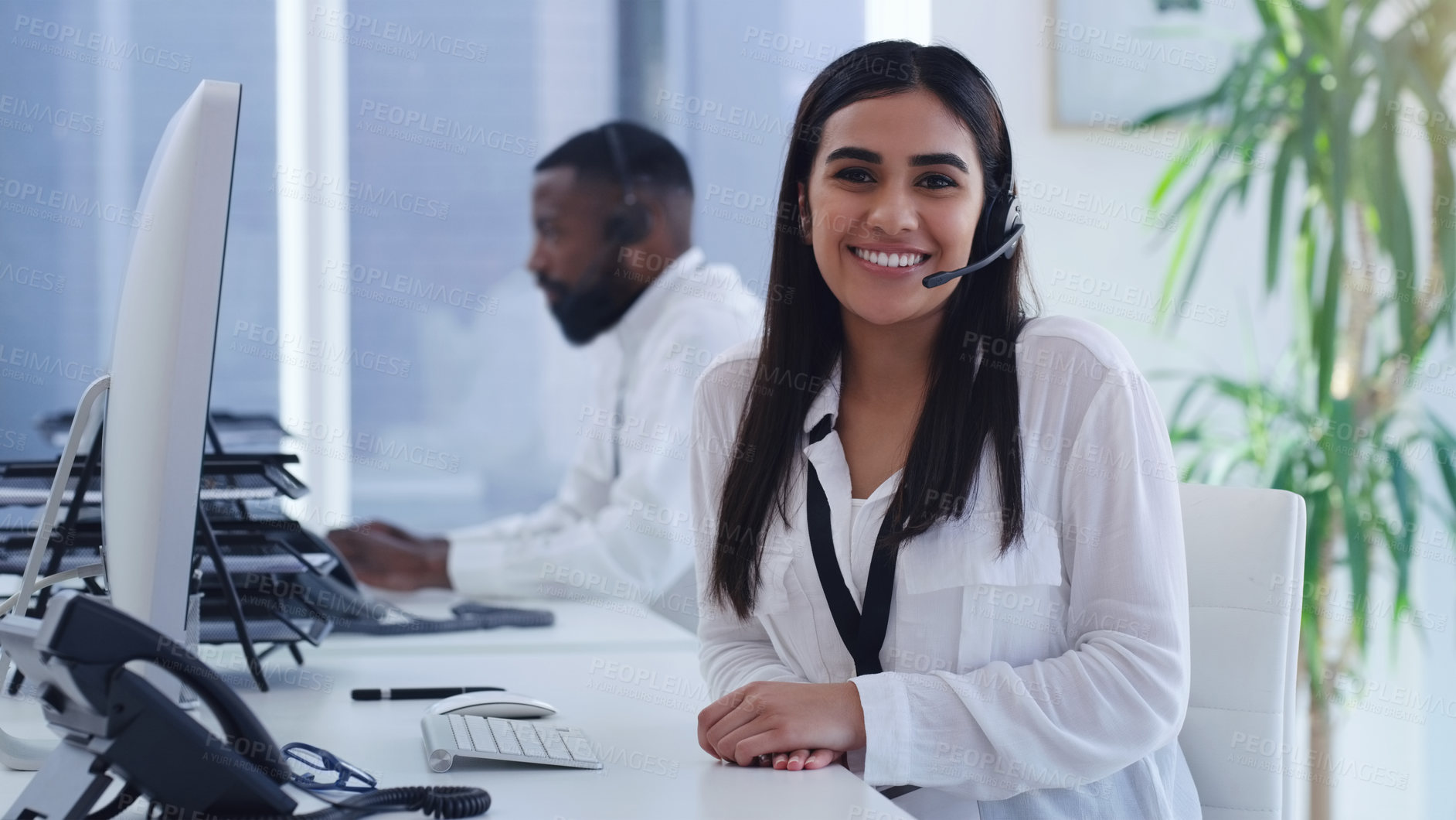 Buy stock photo Call center, smile and portrait of business woman in office for customer service, technical support or consulting. Communication, contact us and help desk with employee for advisory, solution or sale