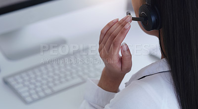 Buy stock photo Closeup, business and woman with headphones, telemarketing and call center with advice, connection and advice. Female person, employee and agent with a headset, tech support and customer service