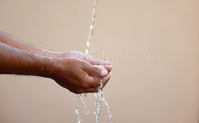 Buy stock photo Water, hands and stream for cleaning or washing, hygiene and disinfectant on studio background. Safety, bacteria and sanitary protection, germ prevention or virus or disease for cleanse and person