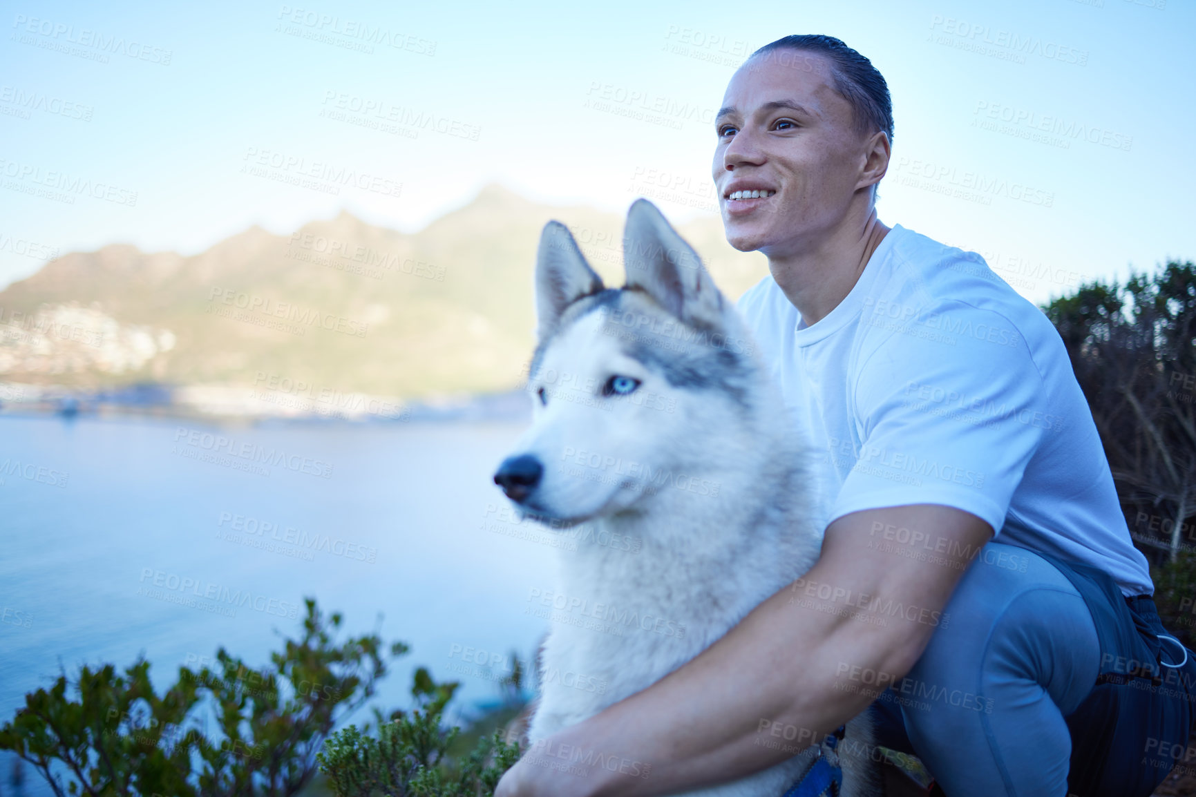 Buy stock photo Nature, dog and man with husky in mountain for hiking, walking and fresh air together by lake. Traveling, friendship and happy male person with pet canine for freedom, adventure and exercise outdoors