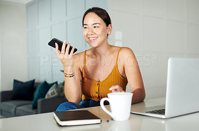 Buy stock photo Education, laptop and phone call with student asian woman in home for communication or study. Coffee, contact and smile with happy young person talking on mobile while using computer in apartment