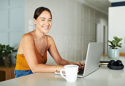 Buy stock photo Laptop, coffee and portrait of woman in kitchen working on creative freelancer project at home. Technology, smile and Asian female with research on computer with cappuccino by counter at apartment.