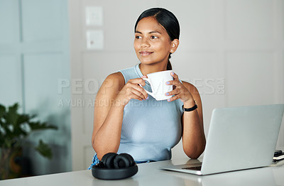 Buy stock photo Woman, desk and coffee in home office with thinking with laptop in workplace for career opportunities. Female person, table and happy with business for creative, internet and headphones in company