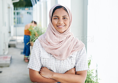 Buy stock photo Portrait, greenhouse and Islamic woman with arms crossed, plants and agriculture with small business. Face, Muslim person or consultant with happiness or pride with startup, sustainability or ecology