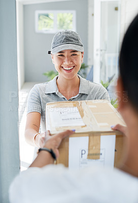 Buy stock photo Woman, portrait and delivery at front door with package for customer or logistics, ecommerce or online shopping. Asian person, face and product parcel box with distribution, supply chain or export