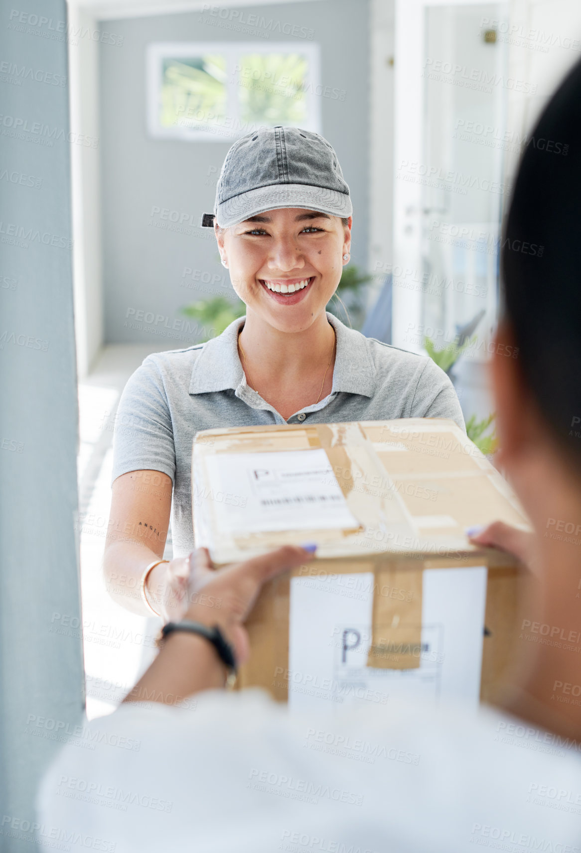 Buy stock photo Woman, portrait and delivery at front door with package for customer or logistics, ecommerce or online shopping. Asian person, face and product parcel box with distribution, supply chain or export