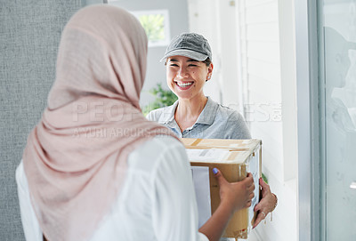 Buy stock photo Woman, delivery and package order by home front for online shopping box, export or distribution. Female person, hijab and back and house for customer logistics or shipping, import or supply chain