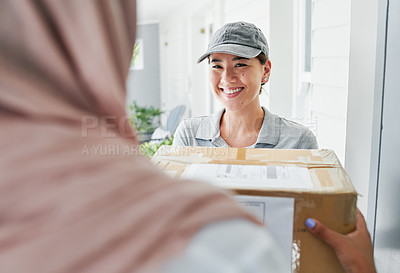 Buy stock photo Woman, smile and delivery to home with box for ecommerce, package and logistics industry. Muslim person, house and people with cargo for supply chain, distribution and online shopping for Eid