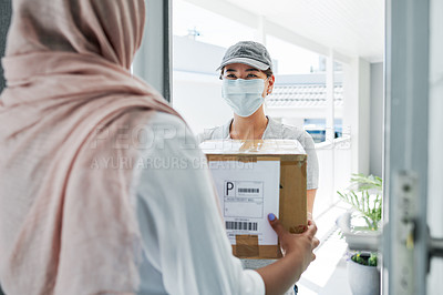 Buy stock photo Courier, mask and delivery to home with box for ecommerce, distribution and safety compliance. Muslim person, house and woman with package for supply chain, shipping and protection in online shopping