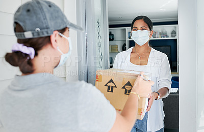 Buy stock photo Delivery, women and home with boxes, mask and courier with safety regulations and doorway. People, employee and customer with cardboard package or parcel with virus policy or face cover with shipping