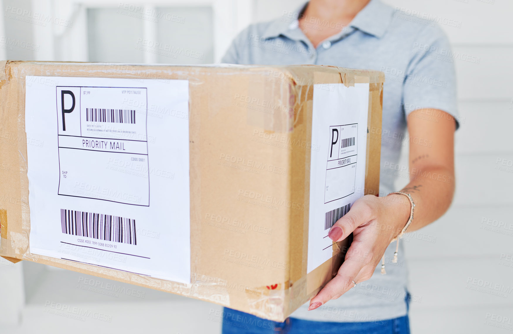 Buy stock photo Person, delivery and box for ecommerce logistics or shipping service for distribution, returns or export. Hands, order and online shopping parcel for supply chain or import cargo, courier or package