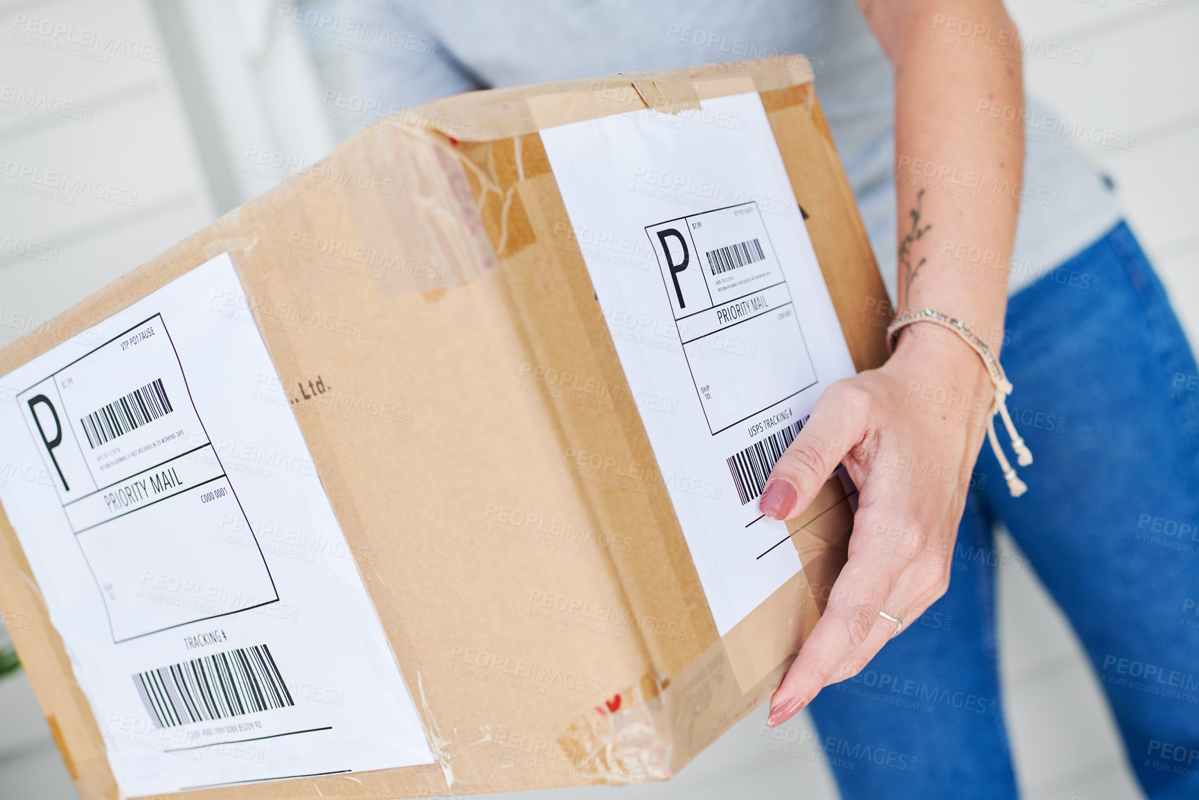 Buy stock photo Woman, hands and box for delivery of order, shipping and parcel by home for transport of purchase. Closeup, package and import or online store and postage, employee and supply chain for distribution