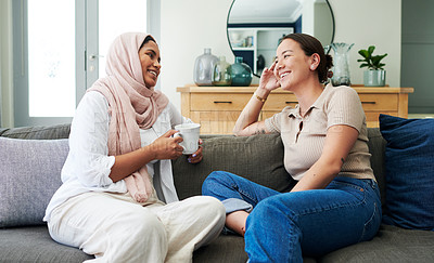 Buy stock photo Home, women and friends on a couch, coffee and reunion with social gathering and morning tea. Relaxing, apartment and girls on sofa, bonding together and cappuccino with conversation, peace and happy