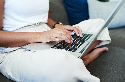 Buy stock photo Woman, laptop and hands for remote work on couch, check email and freelancer on website in home. Female person, closeup and planning on internet, copywriting and research on project or networking