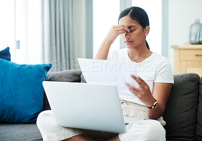Buy stock photo Laptop, home and woman with headache, documents and stress with finance or student loan. University, girl or person with pc or paperwork with migraine or debt for education with bankruptcy or tuition
