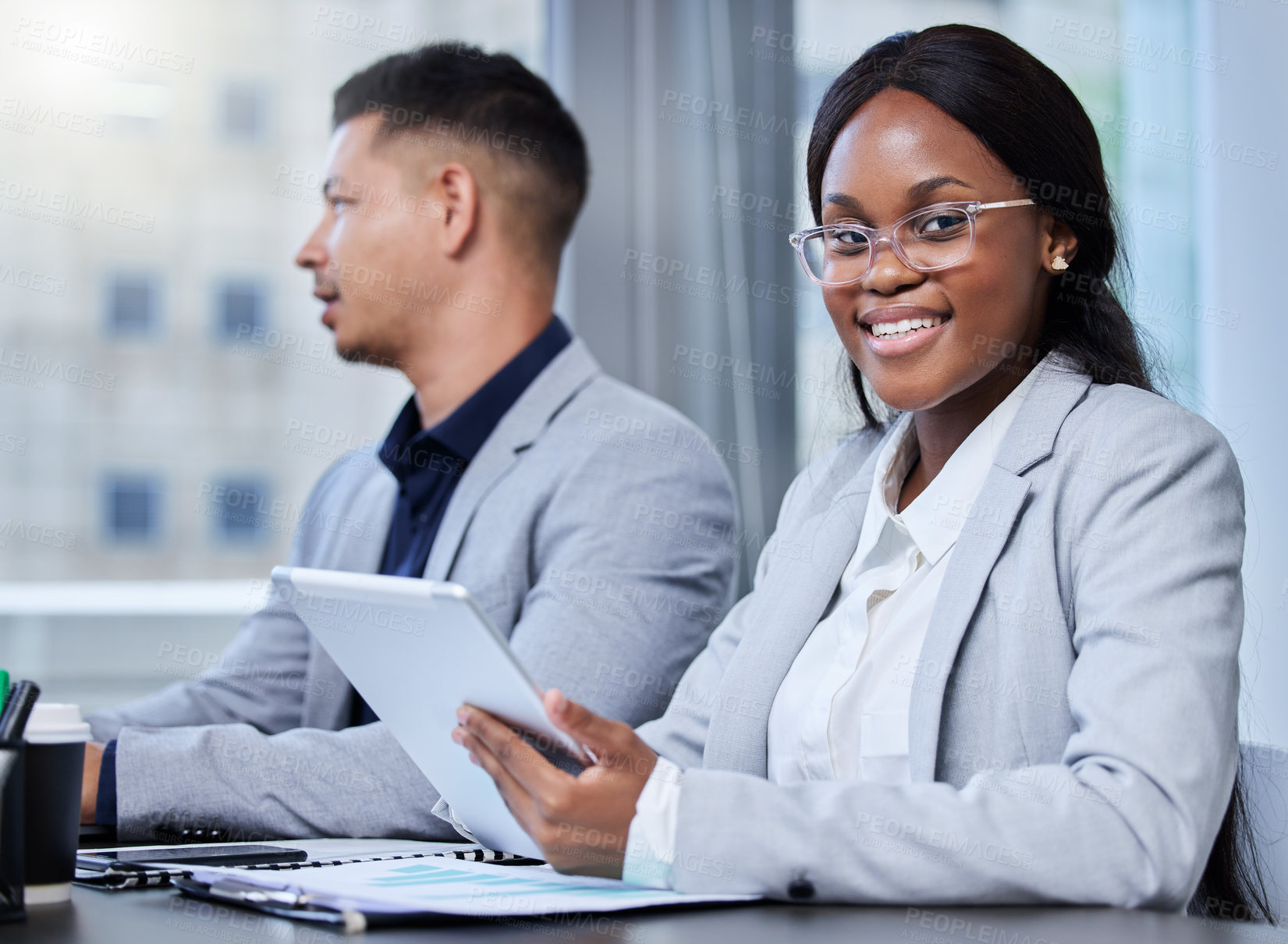 Buy stock photo Meeting, tablet and portrait of black woman in boardroom of office for corporate minutes or planning. Business, documents and technology with secretary in workplace for online research or report