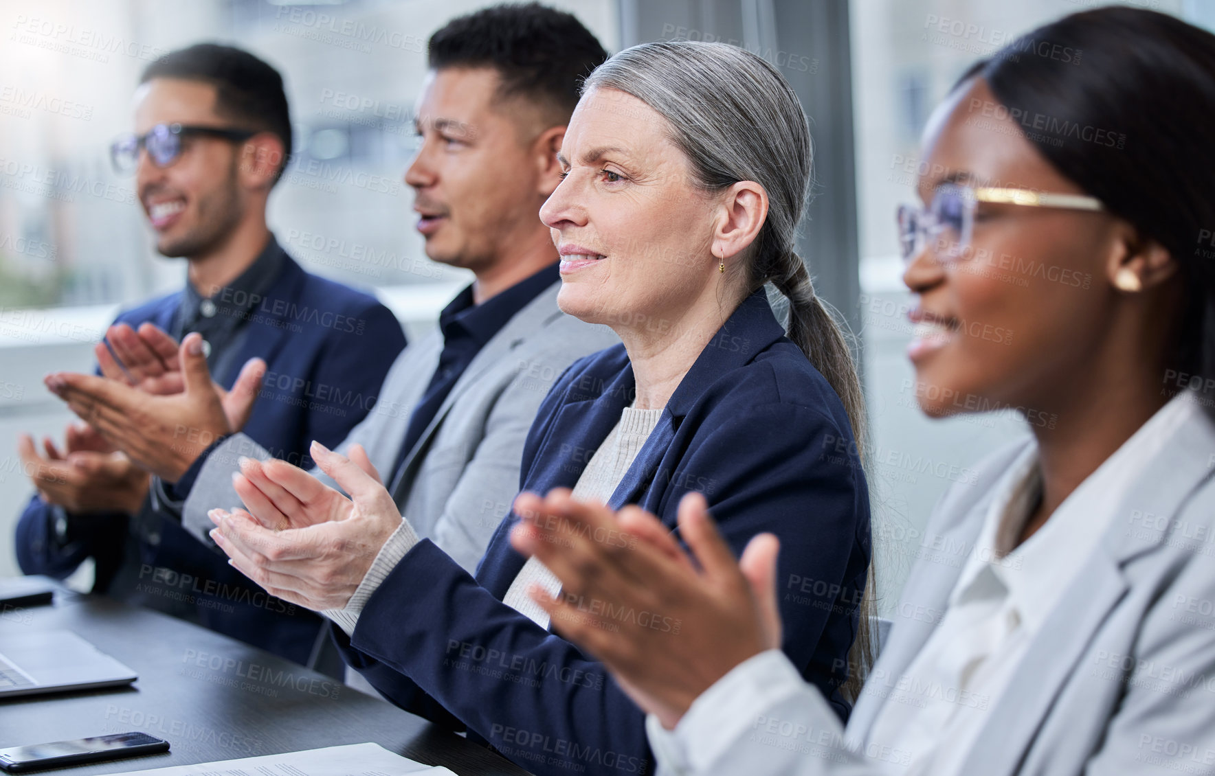 Buy stock photo Office, success and business people with applause in meeting for company, growth and achievement. Happy, employees and clapping hands in workshop for corporate goals, performance review or motivation
