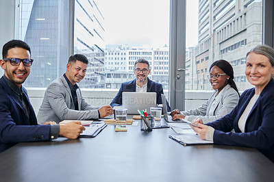 Buy stock photo Portrait of a group of businesspeople having a meeting in a boardroom