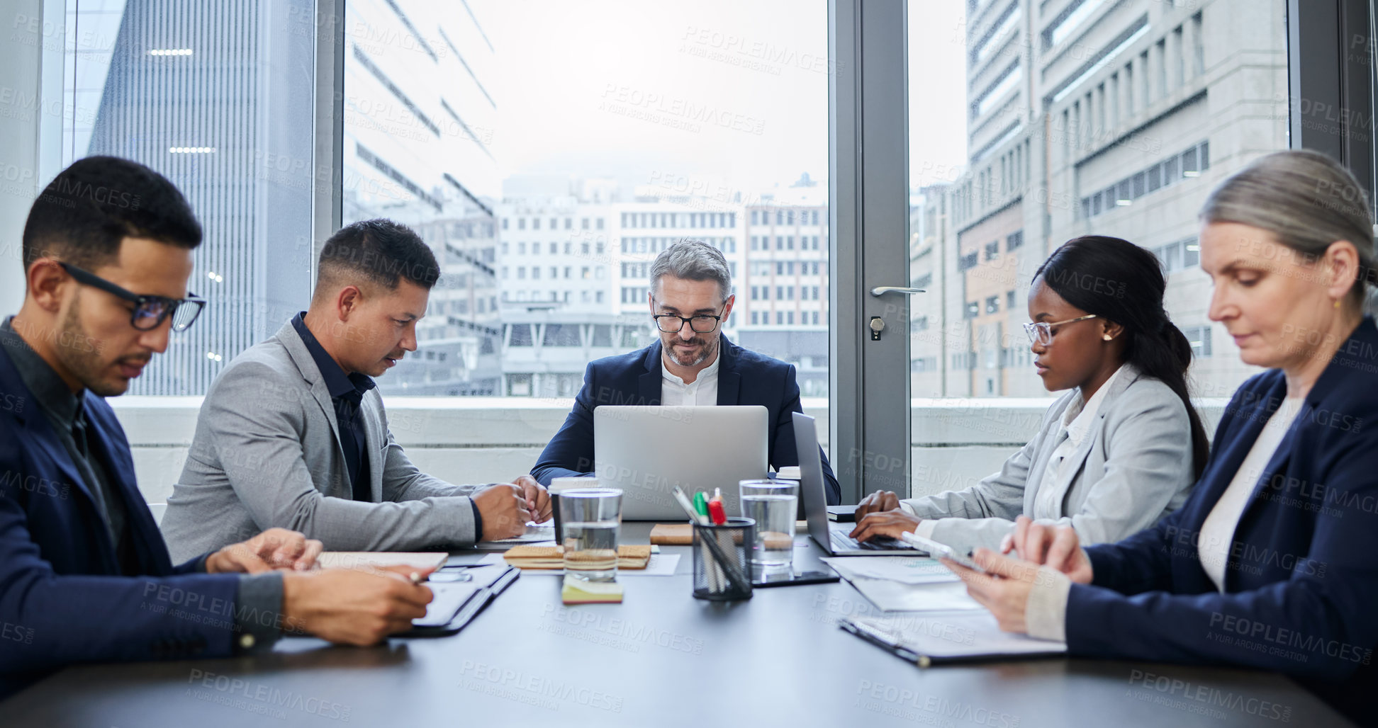 Buy stock photo Laptop, directors or business people in meeting for solution, conversation or discussion of news. Problem solving, boss or executives with notes in office for review, feedback or online collaboration