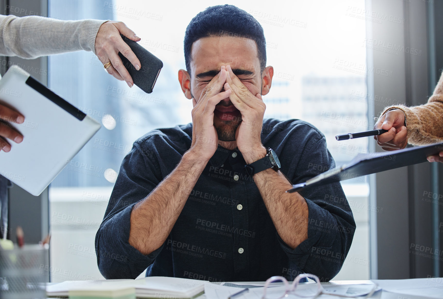 Buy stock photo Office, meeting and man with anxiety in headache for audit deadline, mental health and pressure. Financial advisor, stress and hands of employees with accounting task for crisis, problem and burnout