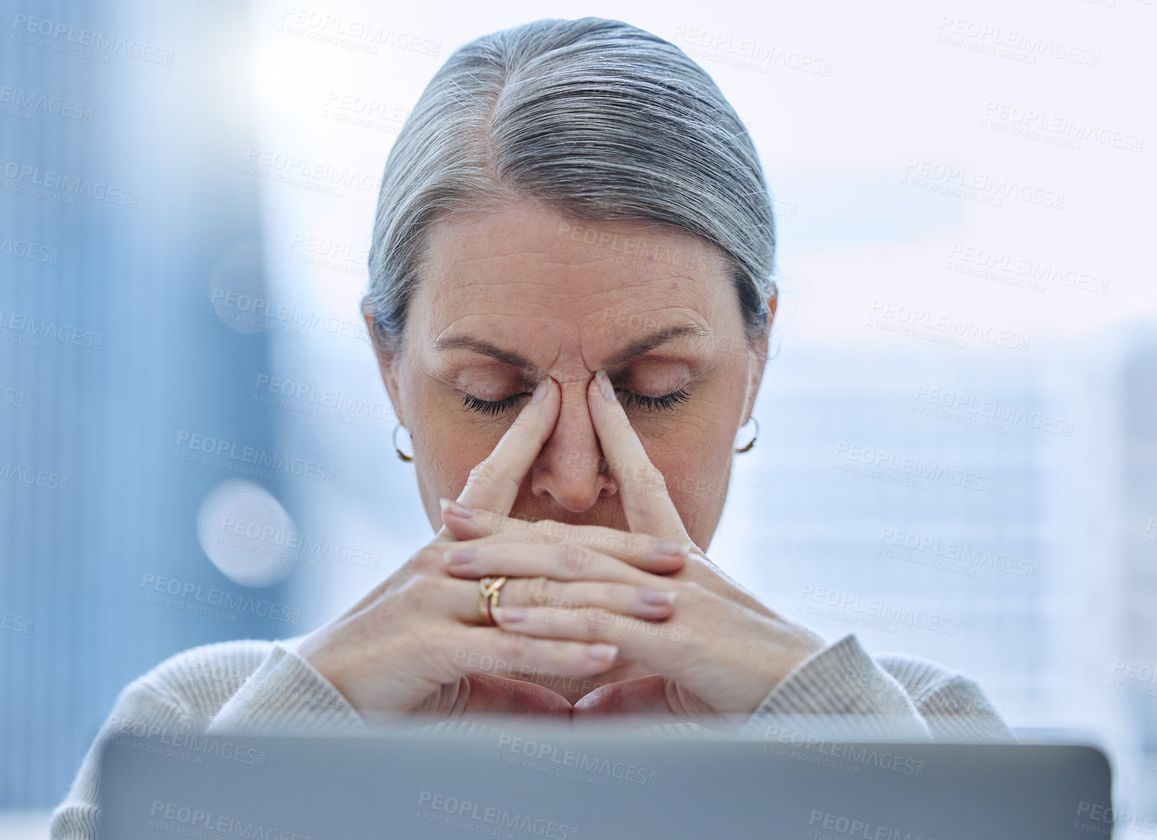 Buy stock photo Anxiety, laptop and woman with headache in office for audit deadline, email or mental health. Mature financial advisor, pain and frustrated with stress for accounting crisis, problem or digital error