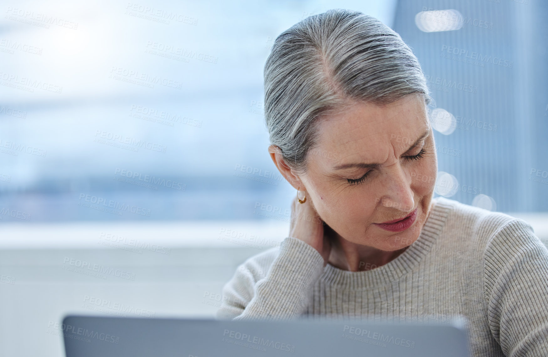 Buy stock photo Business, mature woman and neck pain with stress, burnout and overworked in modern office. Senior person, agent and financial advisor with spine injury, tired or fatigue with anxiety and health issue