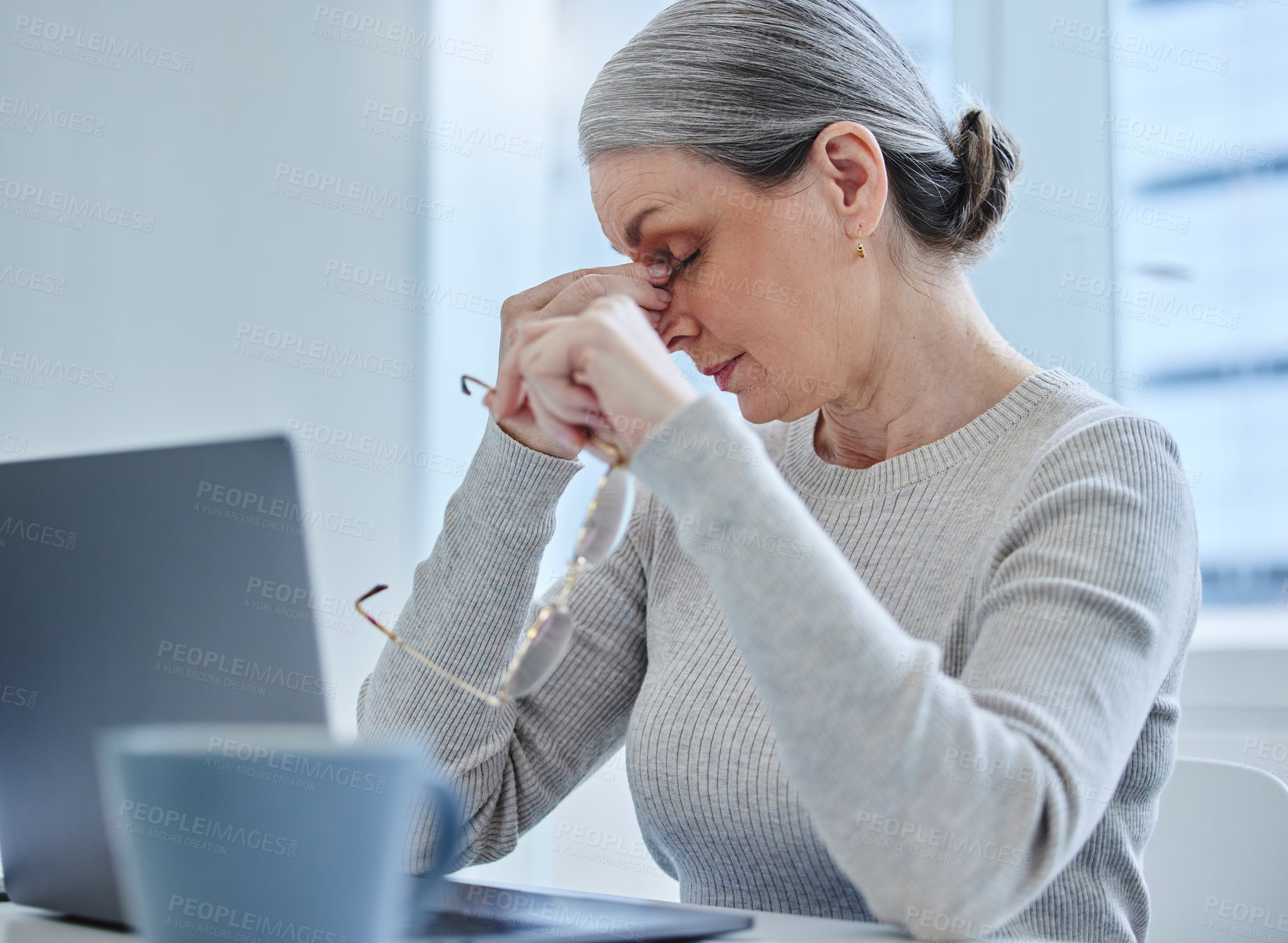 Buy stock photo Fatigue, headache and mature woman in office with burnout from stress, business or challenge. Frustrated, person and migraine with brain fog in workplace and health crisis from anxiety or conflict