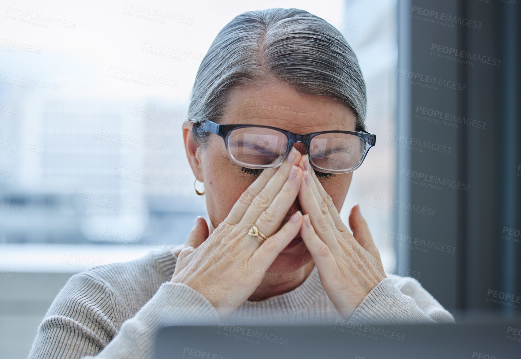 Buy stock photo Stress, headache and mature woman in office with burnout or fatigue from challenge in business. Frustrated, person and migraine with brain fog in workplace and health crisis from anxiety or conflict