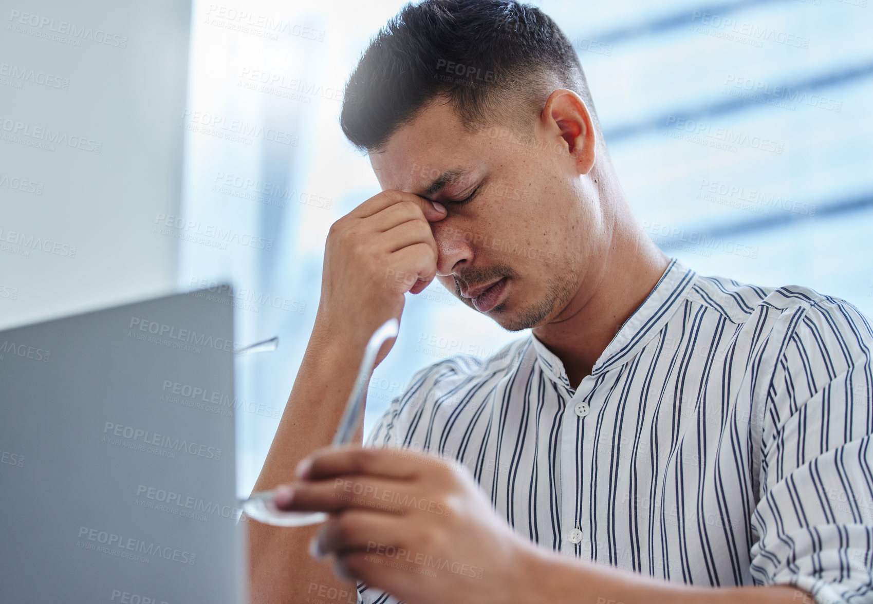 Buy stock photo Fatigue, burnout and man with headache in office from stress in accounting of taxes. Frustrated, person and accountant with brain fog from anxiety crisis and working in finance with debt or mistake