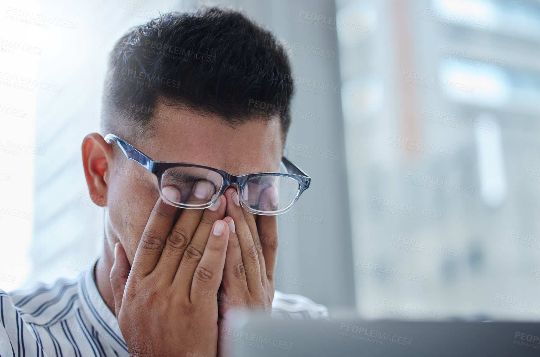 Buy stock photo Stress, headache and man with burnout in office for accounting of taxes or finance. Frustrated, person and accountant with brain fog from anxiety, fatigue or working with debt, crisis or mistake