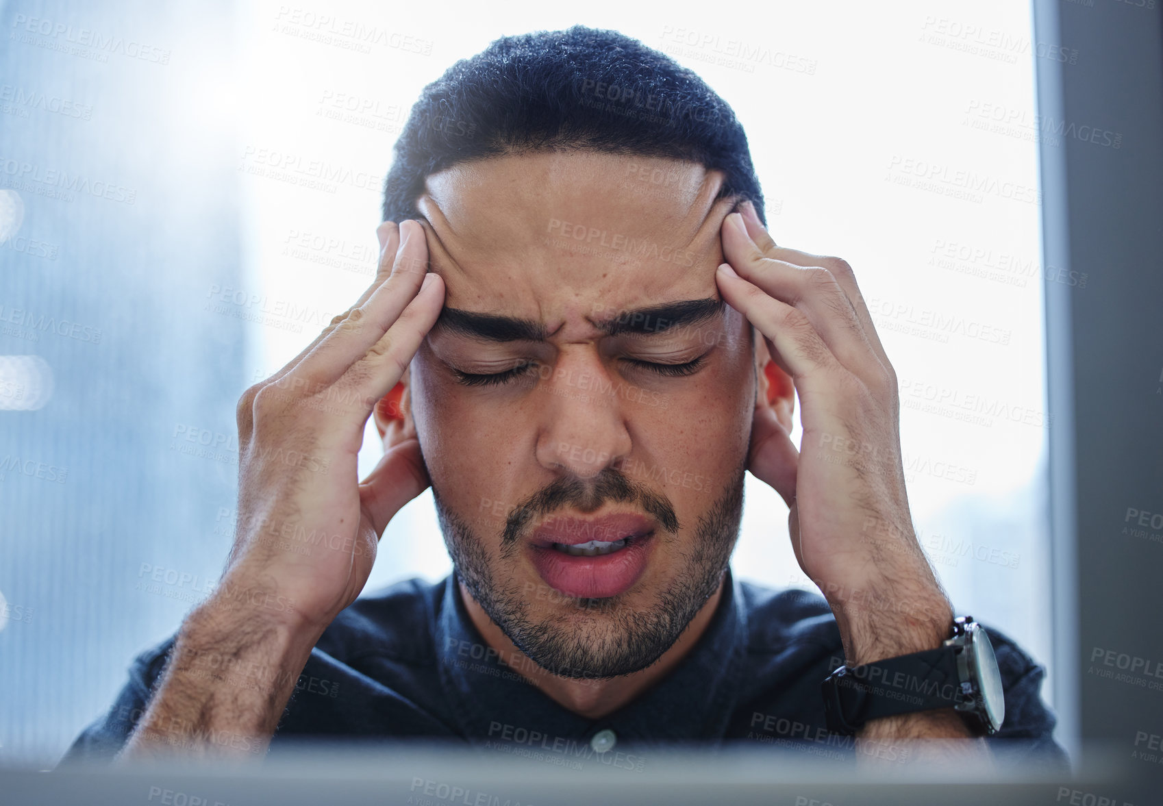 Buy stock photo Stress, headache and man with burnout in office for accounting of taxes or finance. Frustrated, person and accountant with migraine pain from anxiety, fatigue or working with debt, crisis or mistake